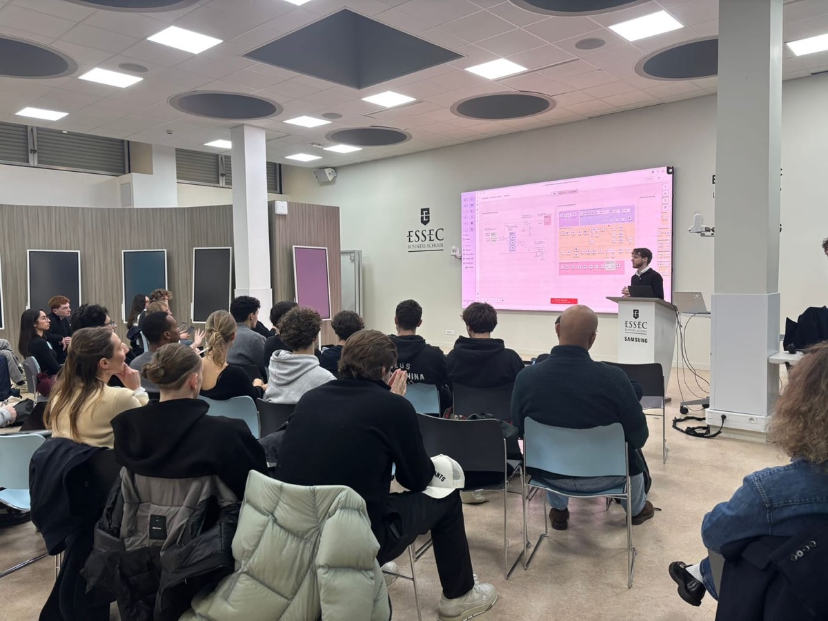 Lecture at ESSEC with an n8n workflow on screen